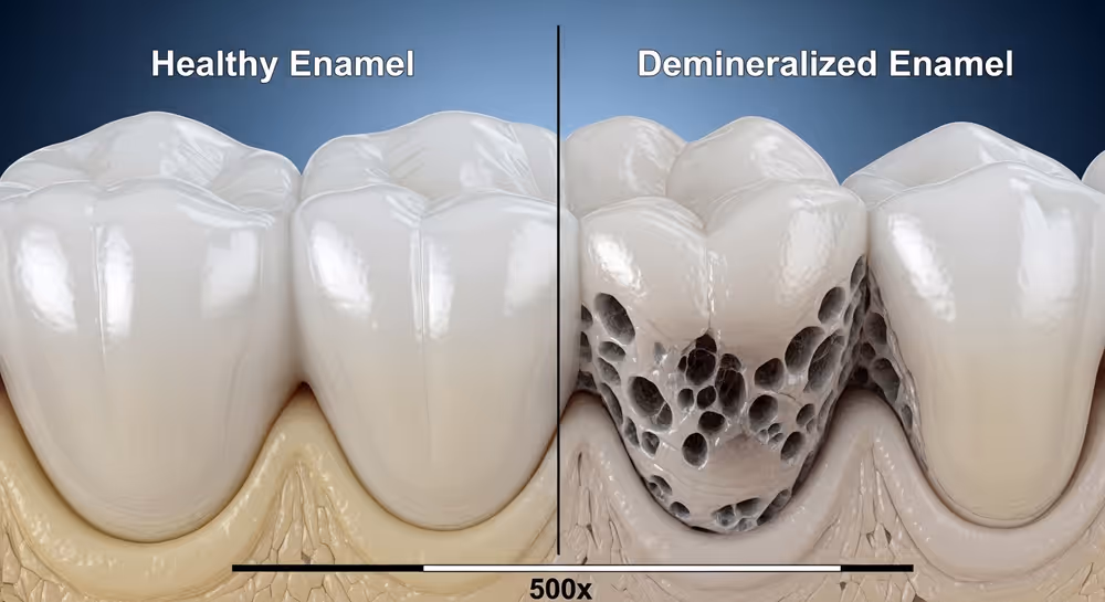 healthy enamel and demineralised enamel under magnification
